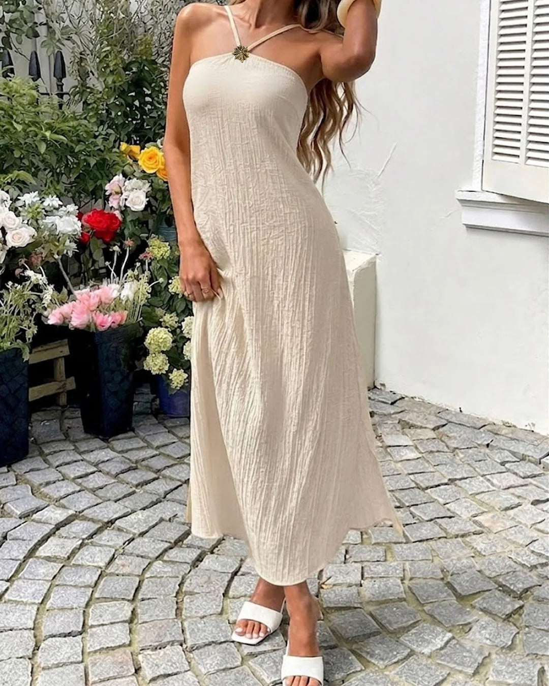 Solid Halter Maxi Dress in Off White