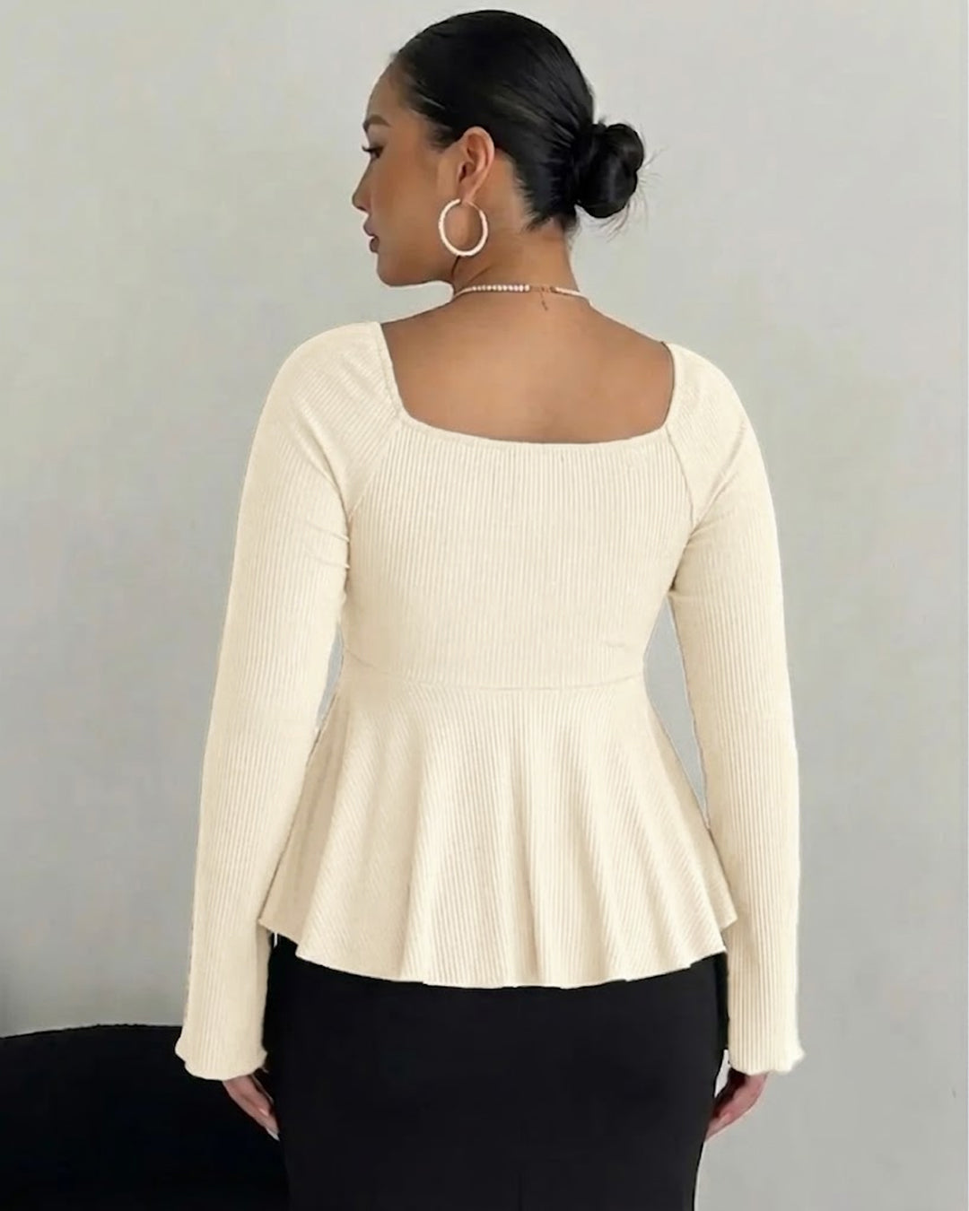 V Neck Ruched Flared Long Sleeve Top Curve And Plus in Classic White