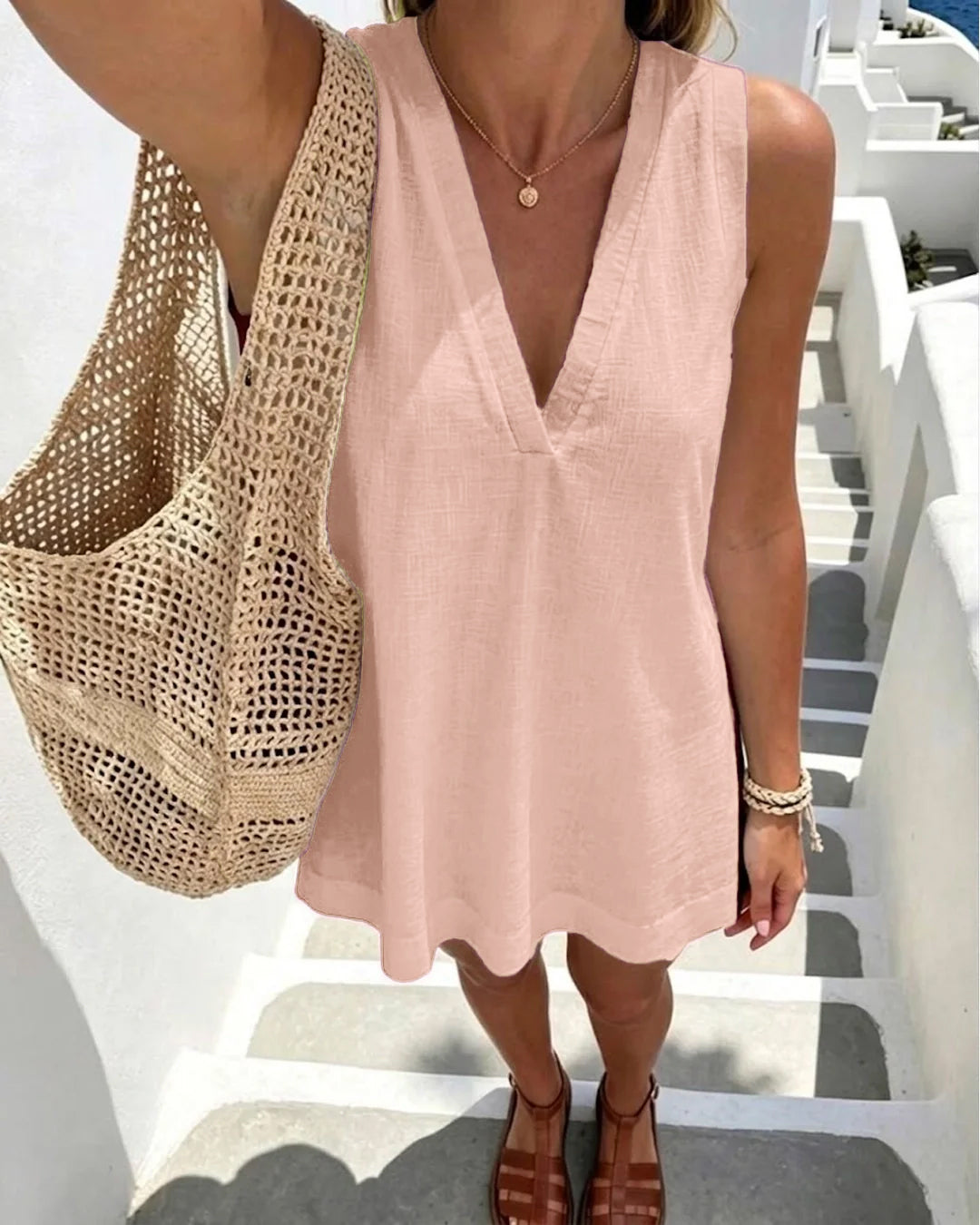 Casual V-Neck Sleeveless Relaxed Fit Mini Dress in Dusty Pink
