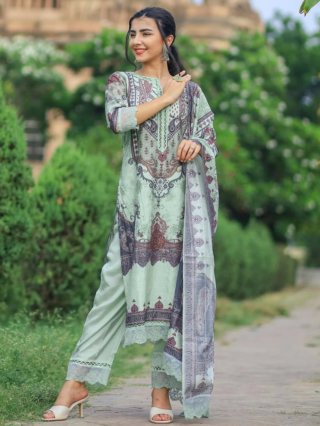 Anouk Green Printed Silk Blend Pakistani Suit