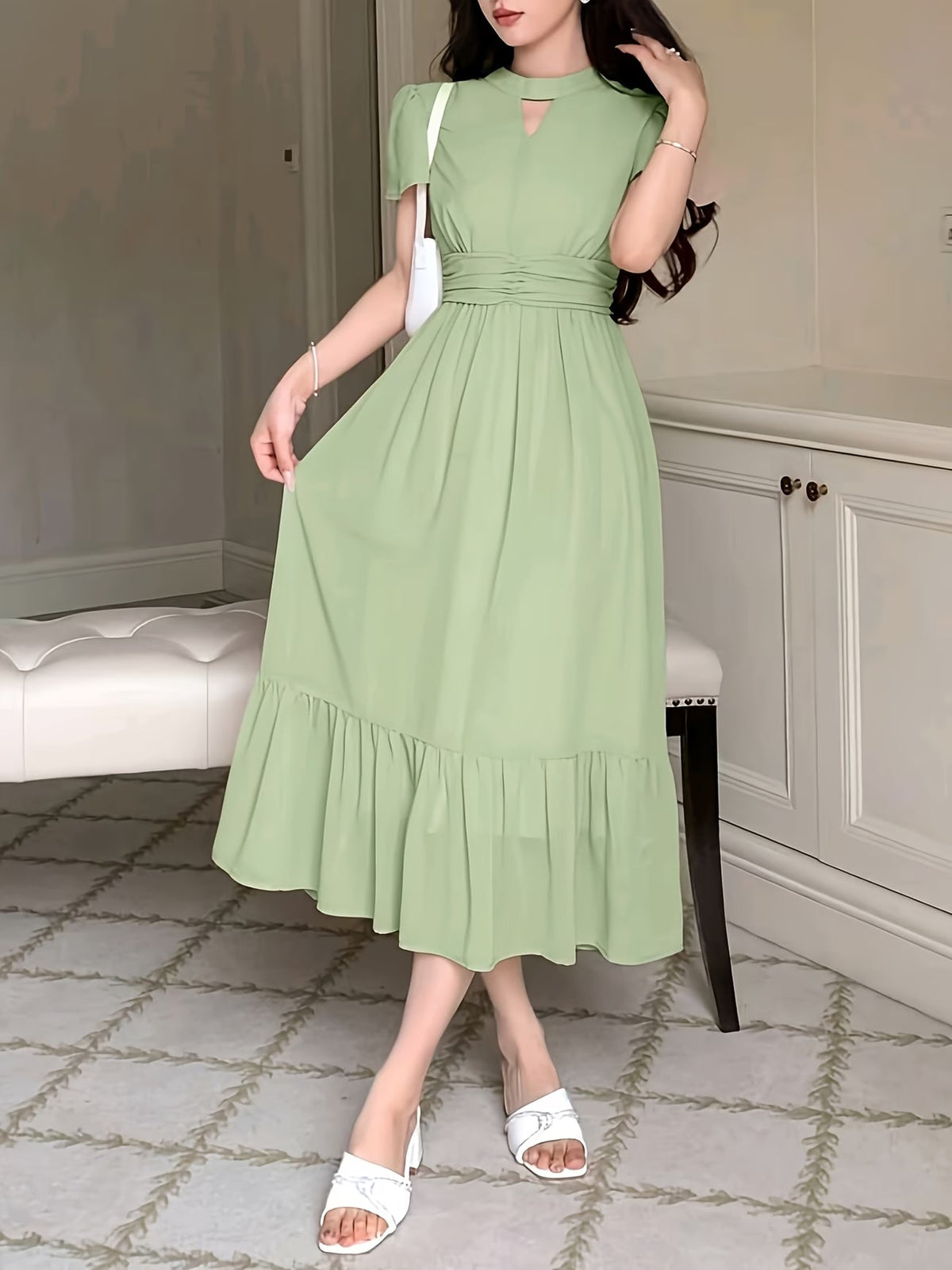 Women's Elegant Pleated Waist Ruffle Hem Maxi Dress