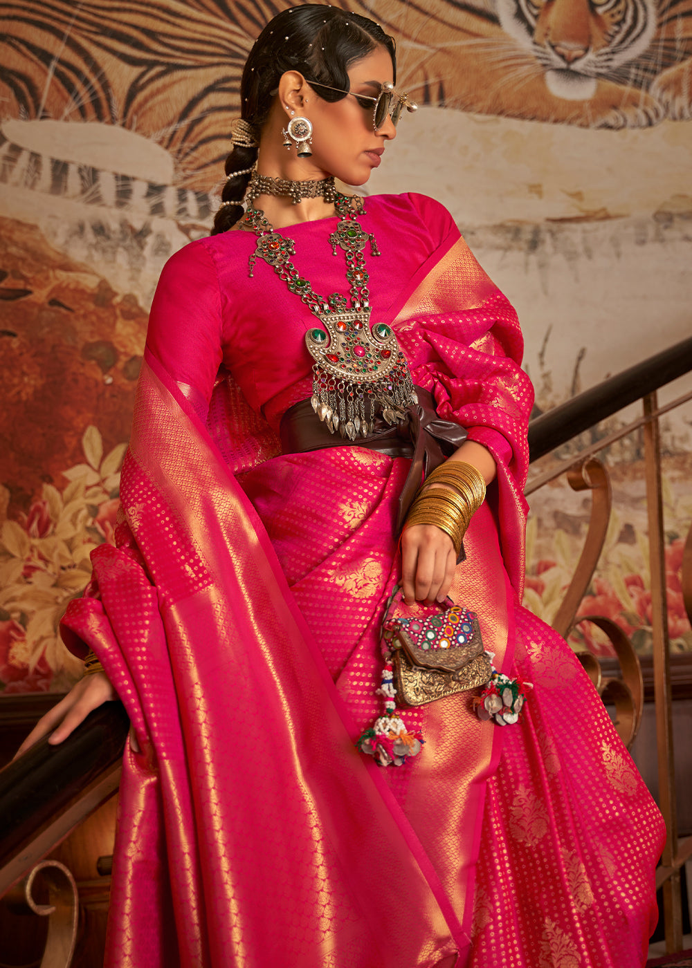 Hot Pink Woven Banarasi Silk Saree