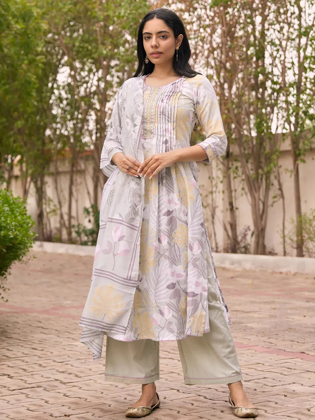 Anouk Grey Printed Cotton Blend A-Line Kurta With Palazzos & Dupatta