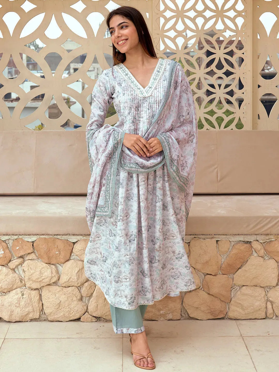 Anouk Off White Printed Cotton Blend A-Line Kurta With Palazzos & Dupatta
