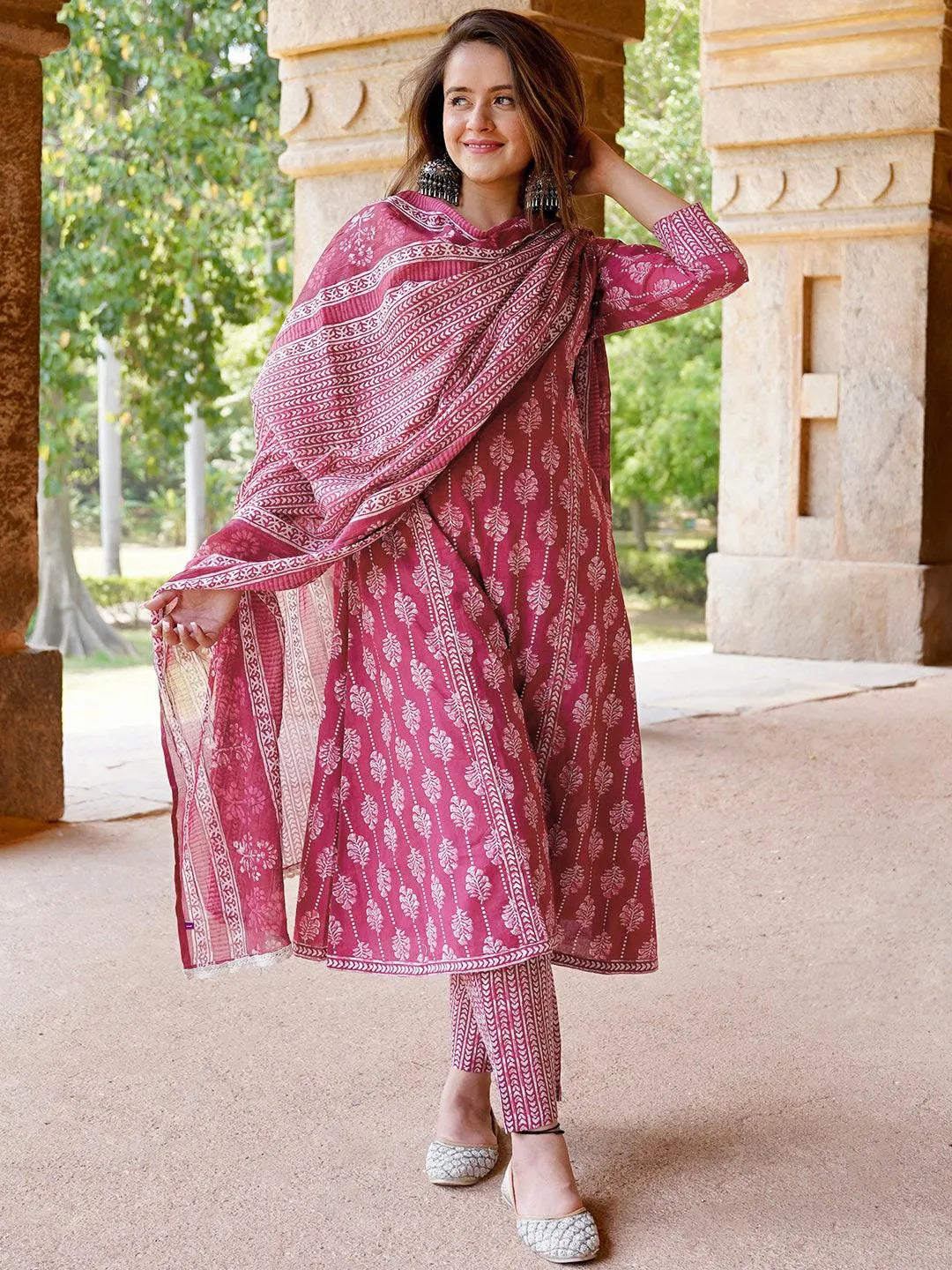 Anouk Burgundy Printed Cotton A-Line Kurta With Palazzos & Dupatta