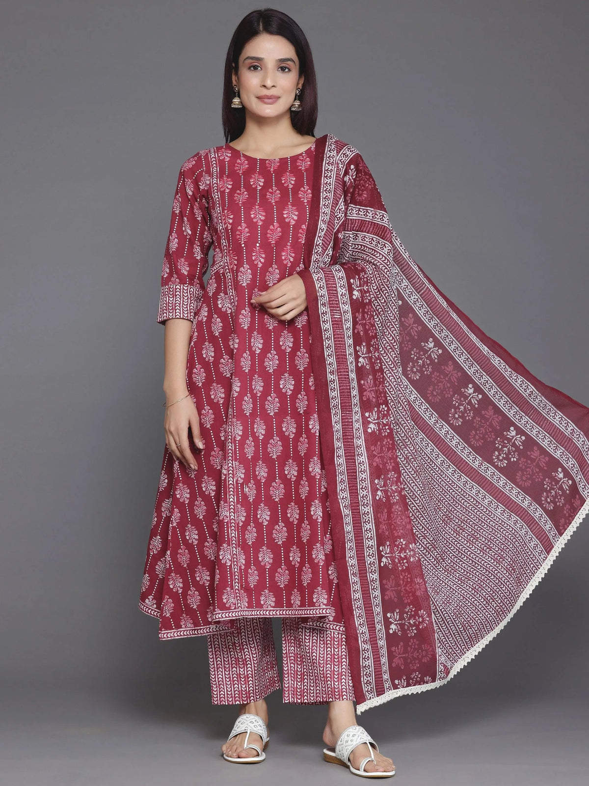 Anouk Burgundy Printed Cotton A-Line Kurta With Palazzos & Dupatta
