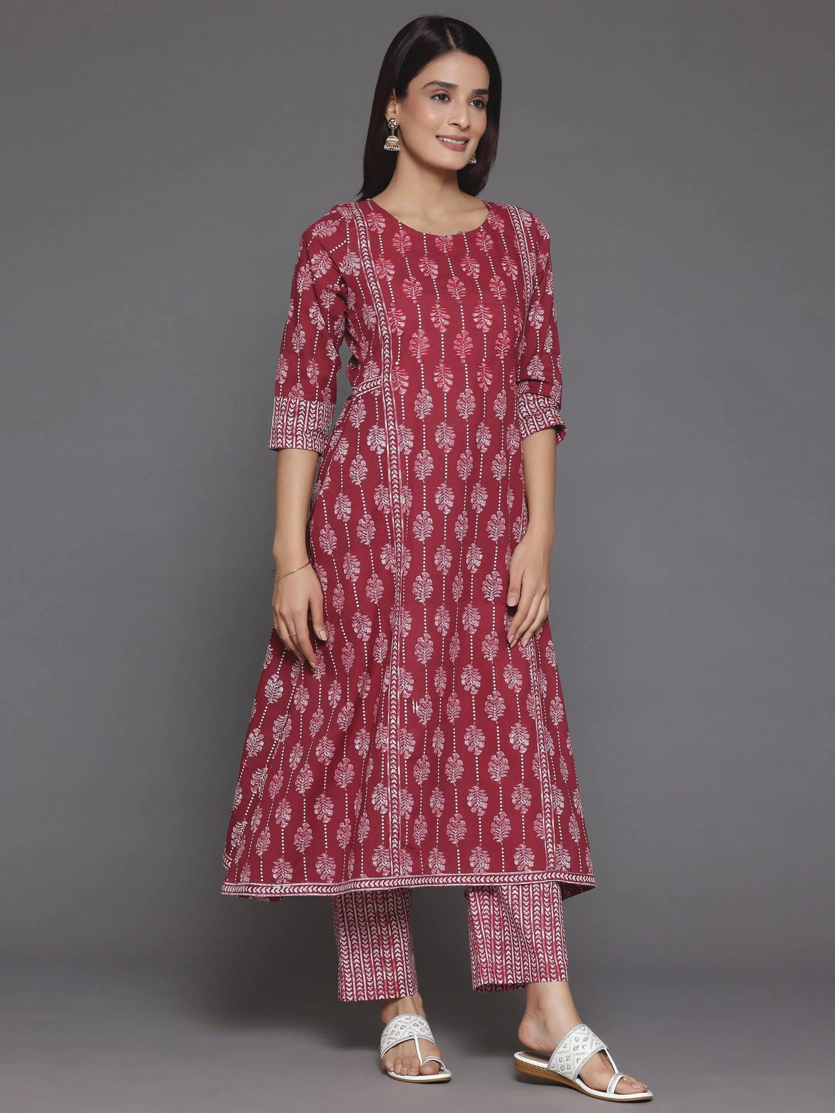 Anouk Burgundy Printed Cotton A-Line Kurta With Palazzos & Dupatta