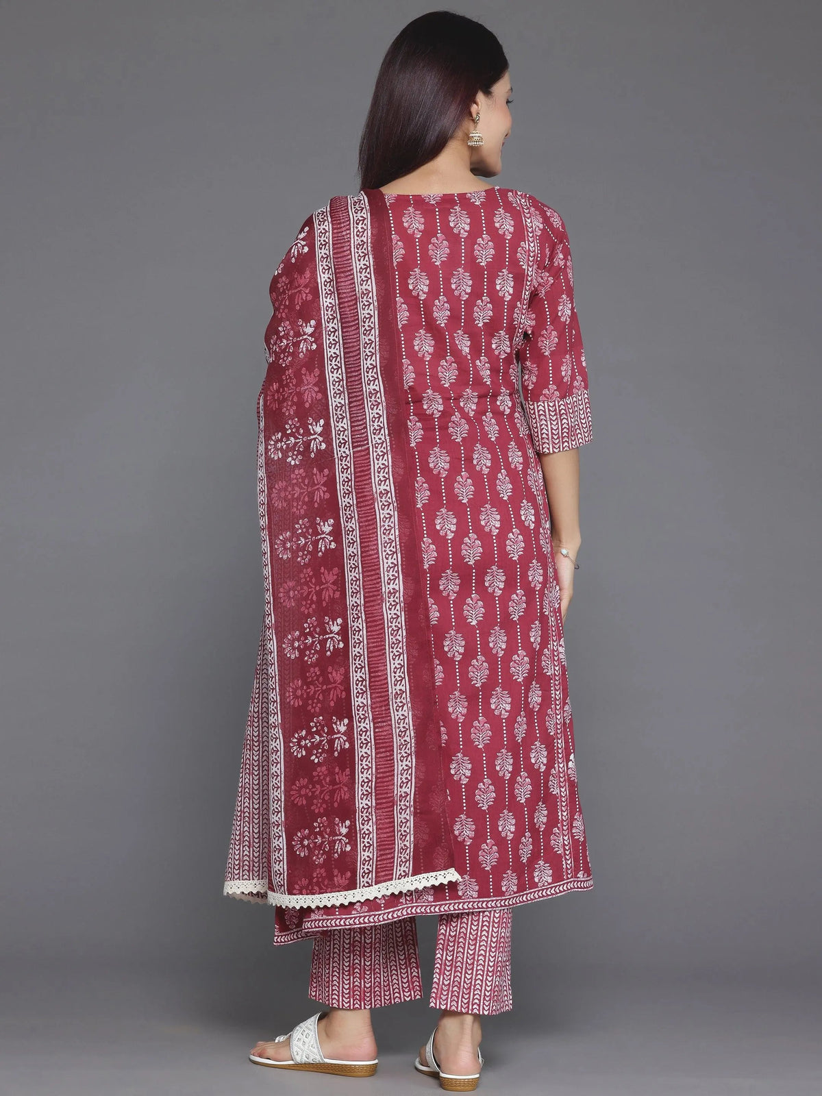 Anouk Burgundy Printed Cotton A-Line Kurta With Palazzos & Dupatta