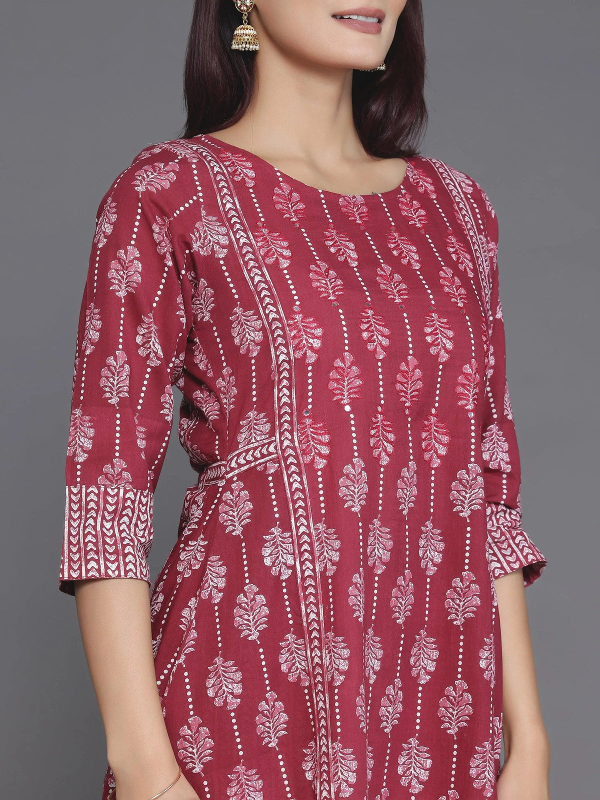 Anouk Burgundy Printed Cotton A-Line Kurta With Palazzos & Dupatta