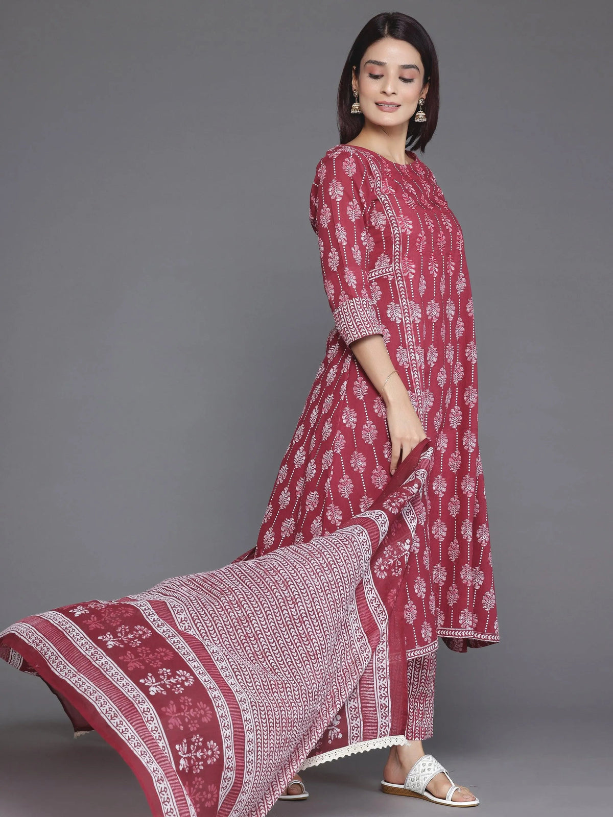Anouk Burgundy Printed Cotton A-Line Kurta With Palazzos & Dupatta