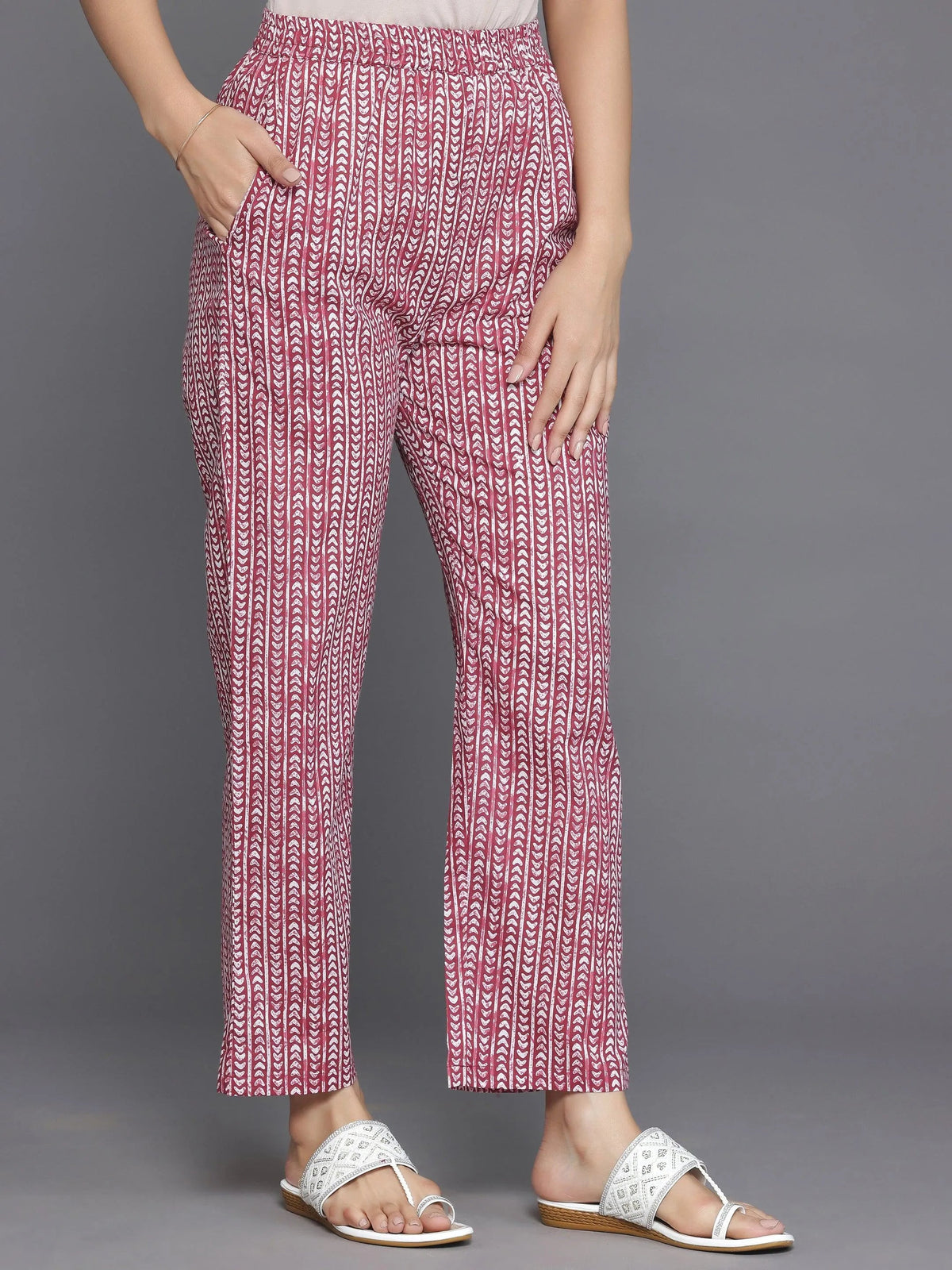 Anouk Burgundy Printed Cotton A-Line Kurta With Palazzos & Dupatta
