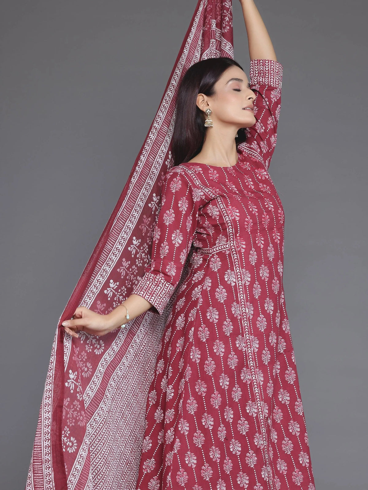 Anouk Burgundy Printed Cotton A-Line Kurta With Palazzos & Dupatta
