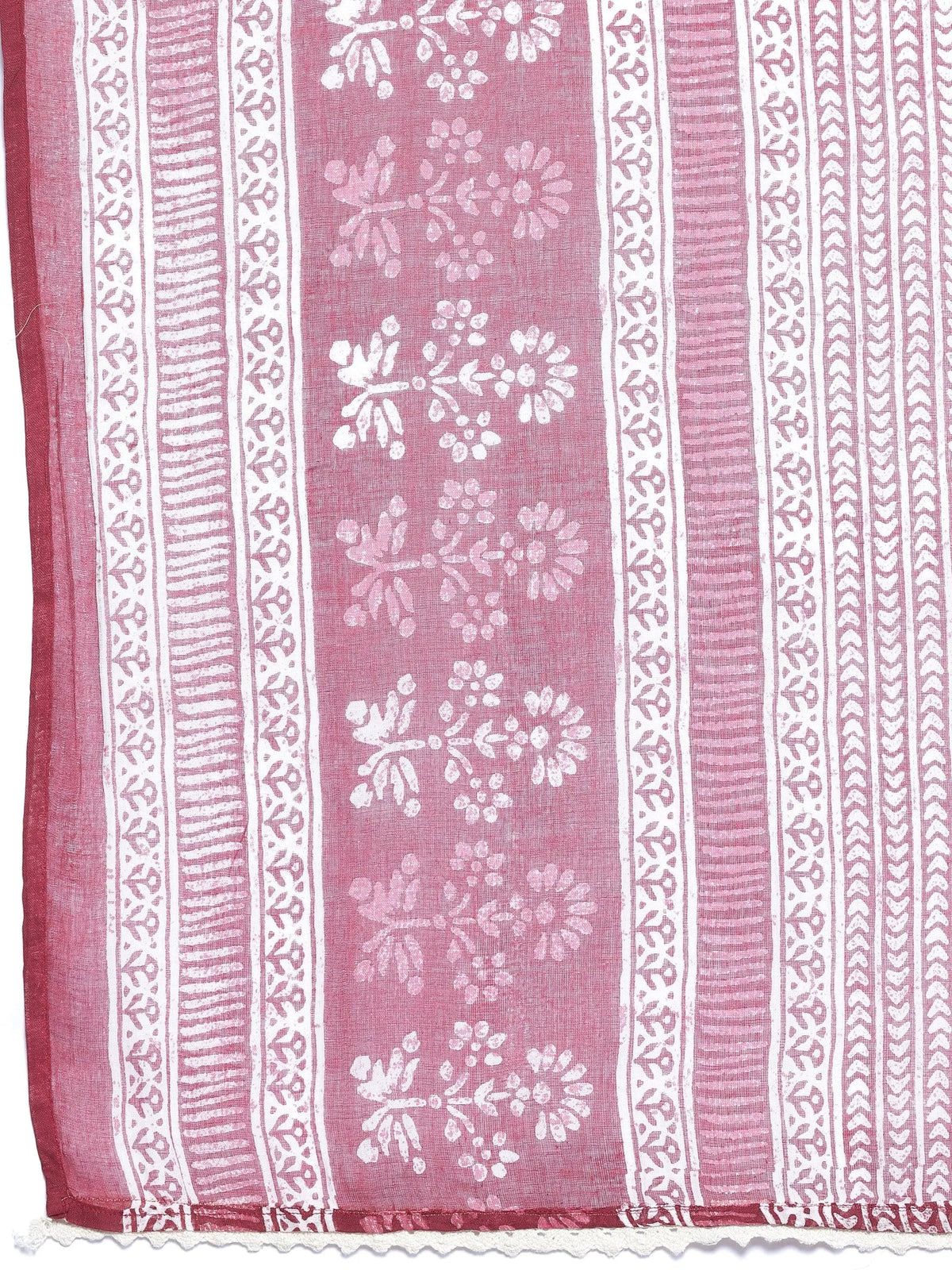 Anouk Burgundy Printed Cotton A-Line Kurta With Palazzos & Dupatta