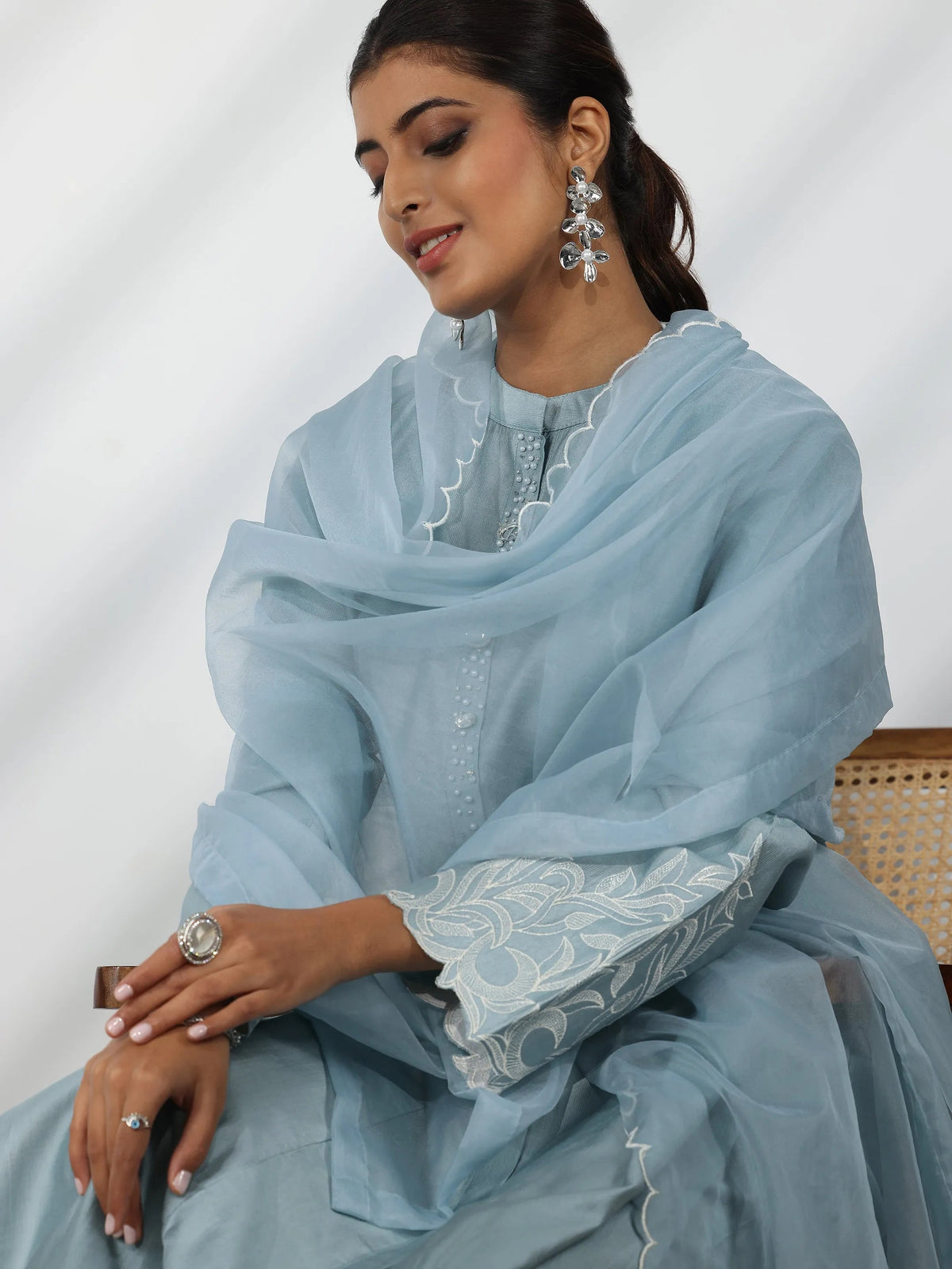 Anouk Blue Solid Silk Blend Straight Suit With Dupatta