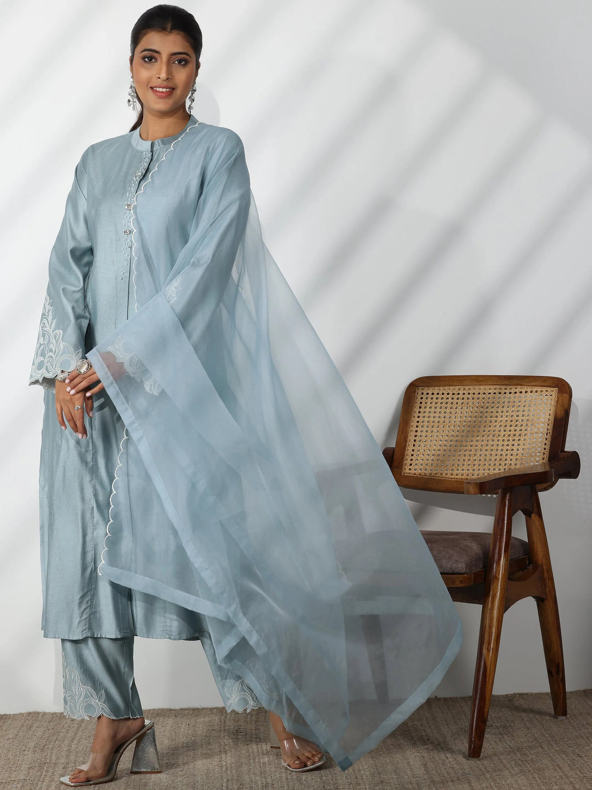 Anouk Blue Solid Silk Blend Straight Suit With Dupatta