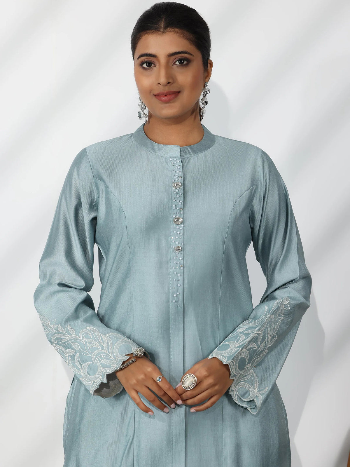 Anouk Blue Solid Silk Blend Straight Suit With Dupatta