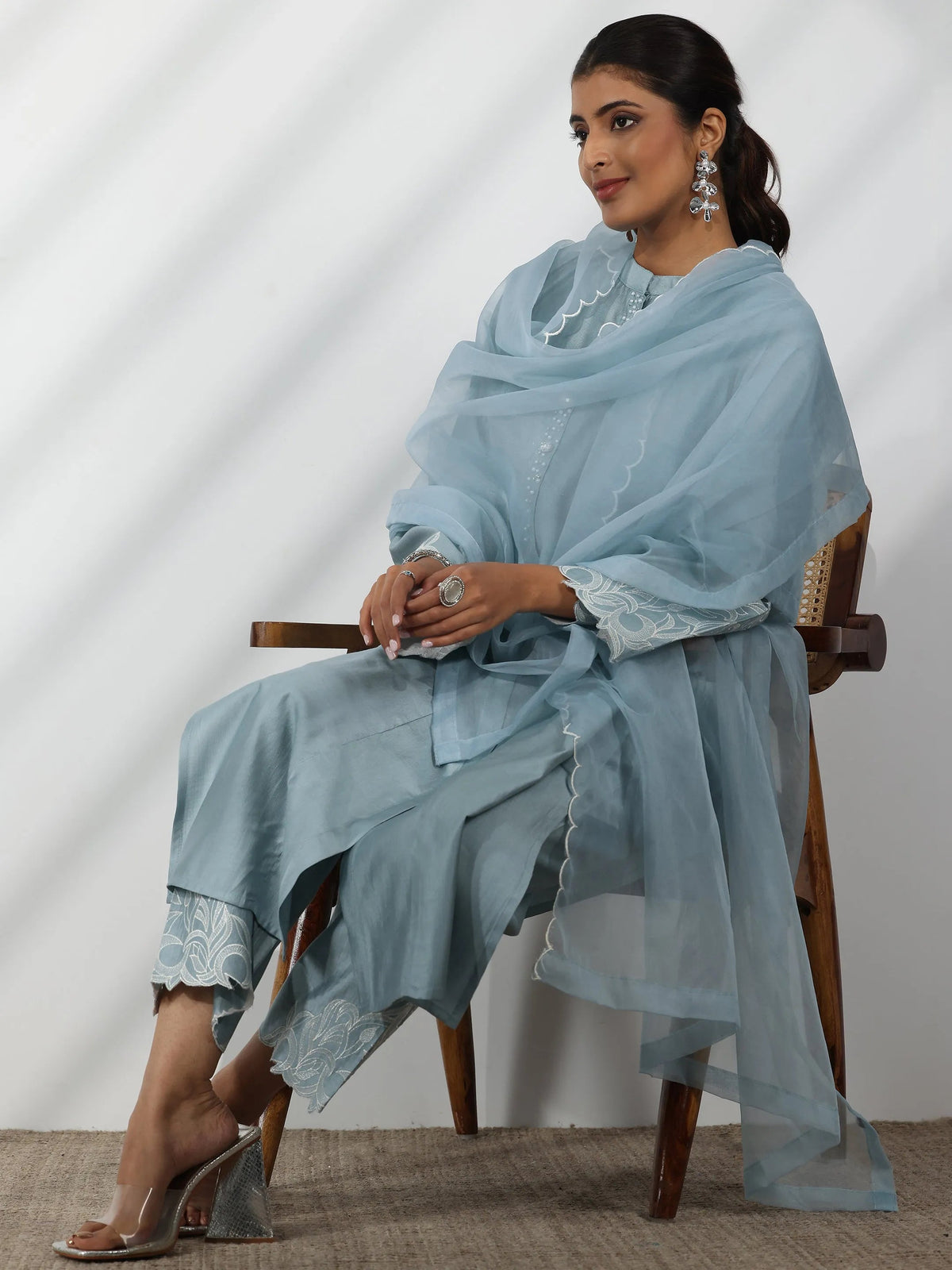 Anouk Blue Solid Silk Blend Straight Suit With Dupatta
