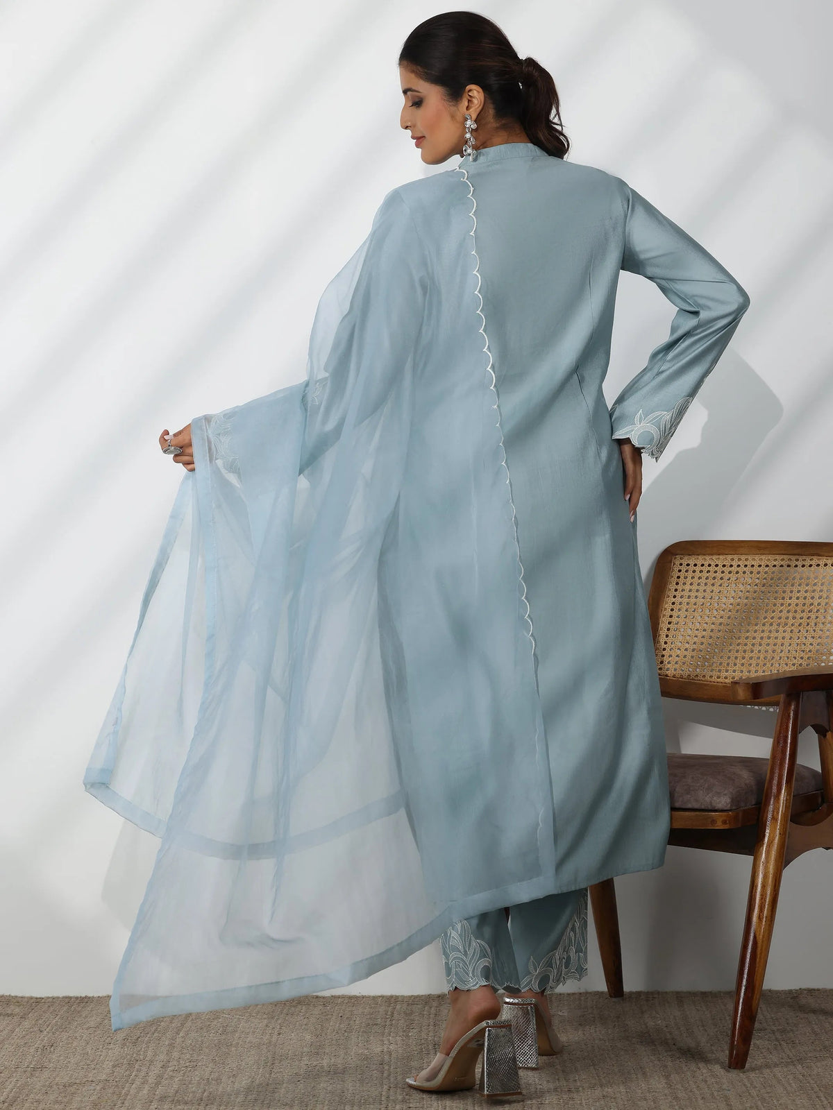 Anouk Blue Solid Silk Blend Straight Suit With Dupatta