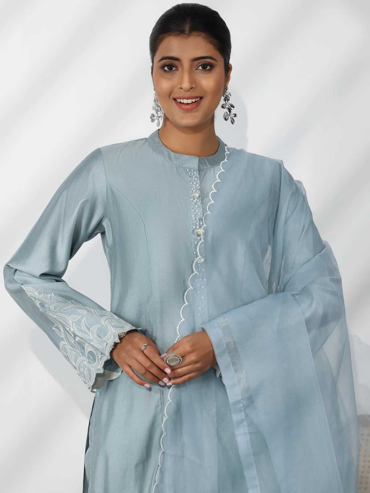 Anouk Blue Solid Silk Blend Straight Suit With Dupatta