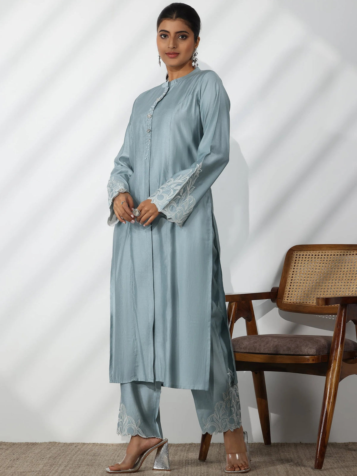 Anouk Blue Solid Silk Blend Straight Suit With Dupatta