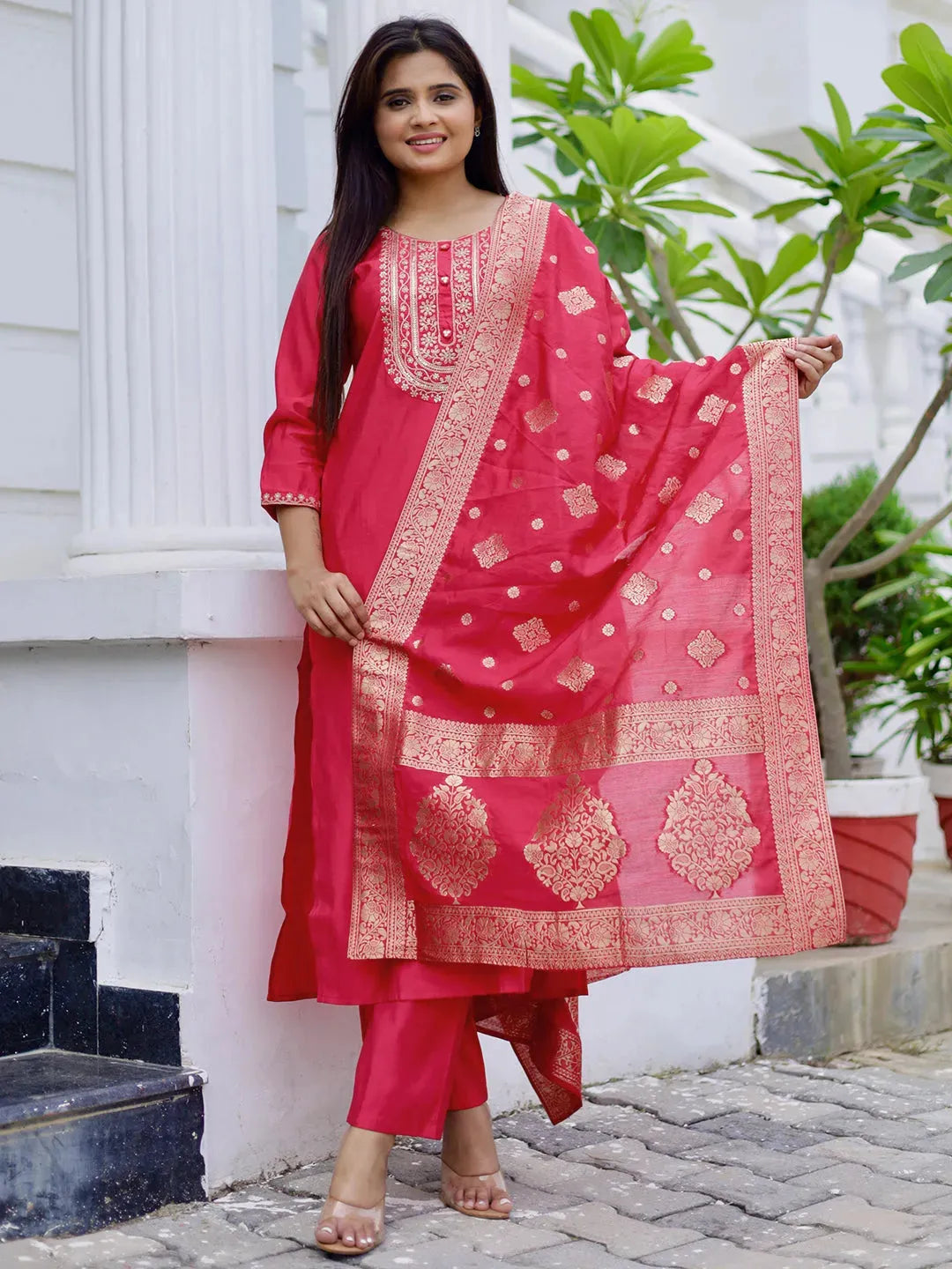 Anouk Pink Yoke Design Silk Blend Straight Suit With Dupatta