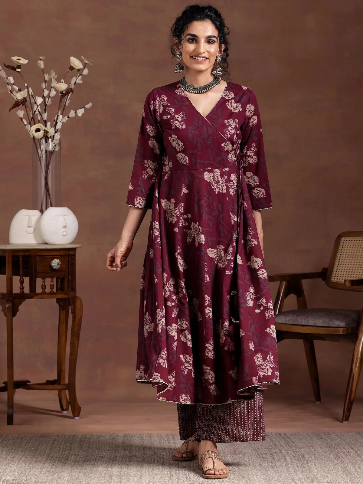 Anouk Maroon Printed Cotton A-Line Kurta With Trousers