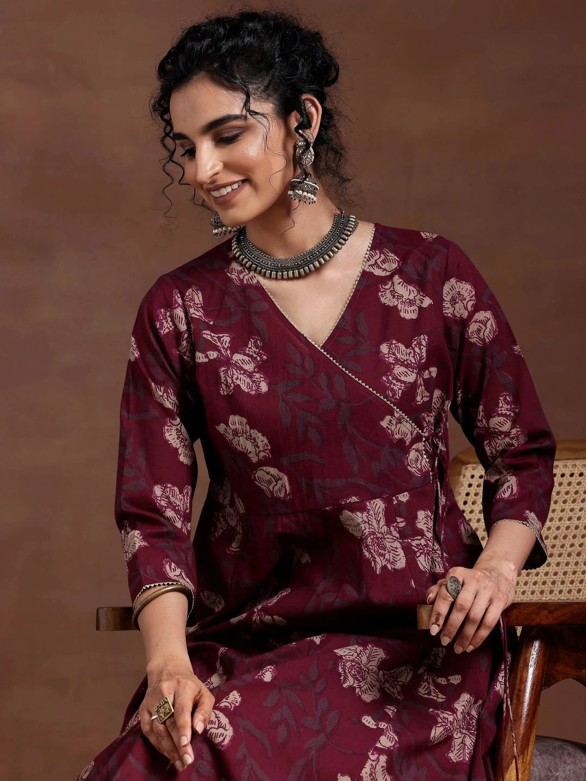 Anouk Maroon Printed Cotton A-Line Kurta With Trousers
