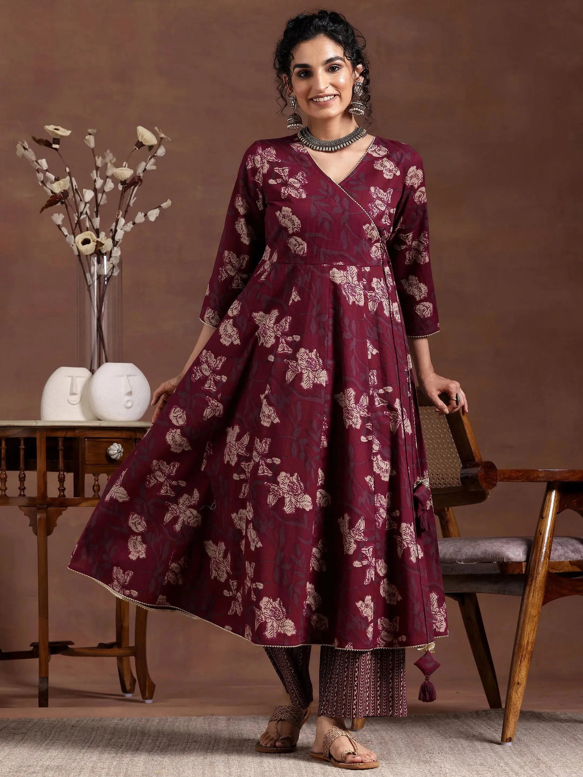 Anouk Maroon Printed Cotton A-Line Kurta With Trousers