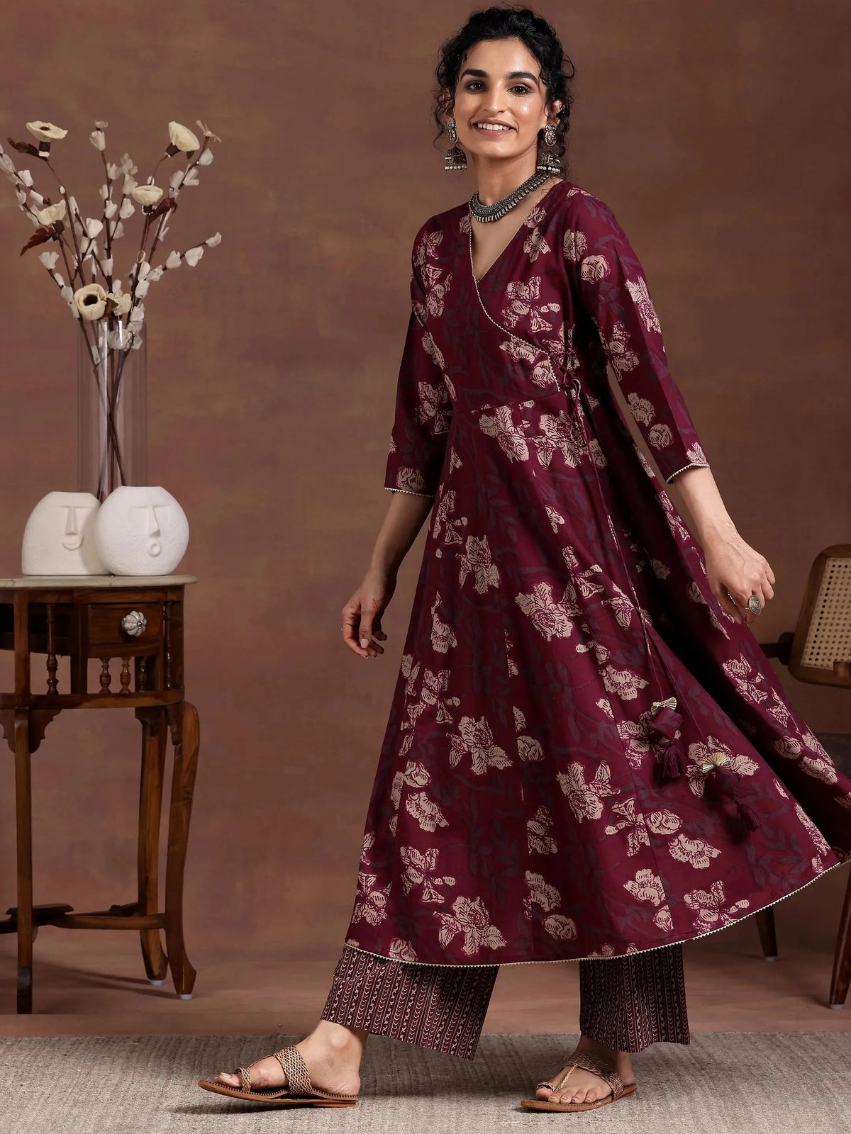 Anouk Maroon Printed Cotton A-Line Kurta With Trousers