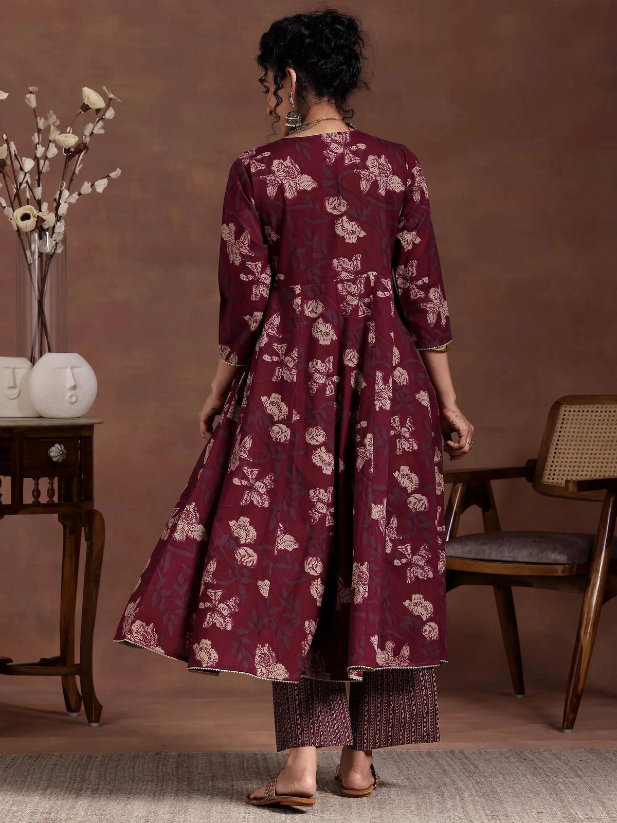 Anouk Maroon Printed Cotton A-Line Kurta With Trousers