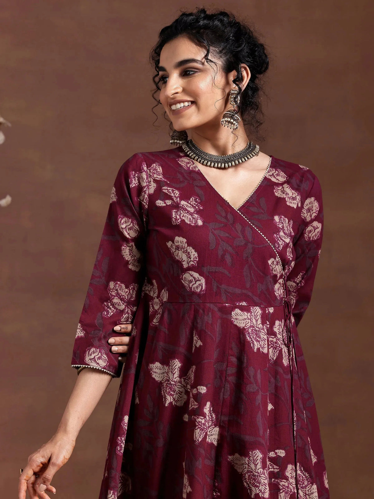 Anouk Maroon Printed Cotton A-Line Kurta With Trousers