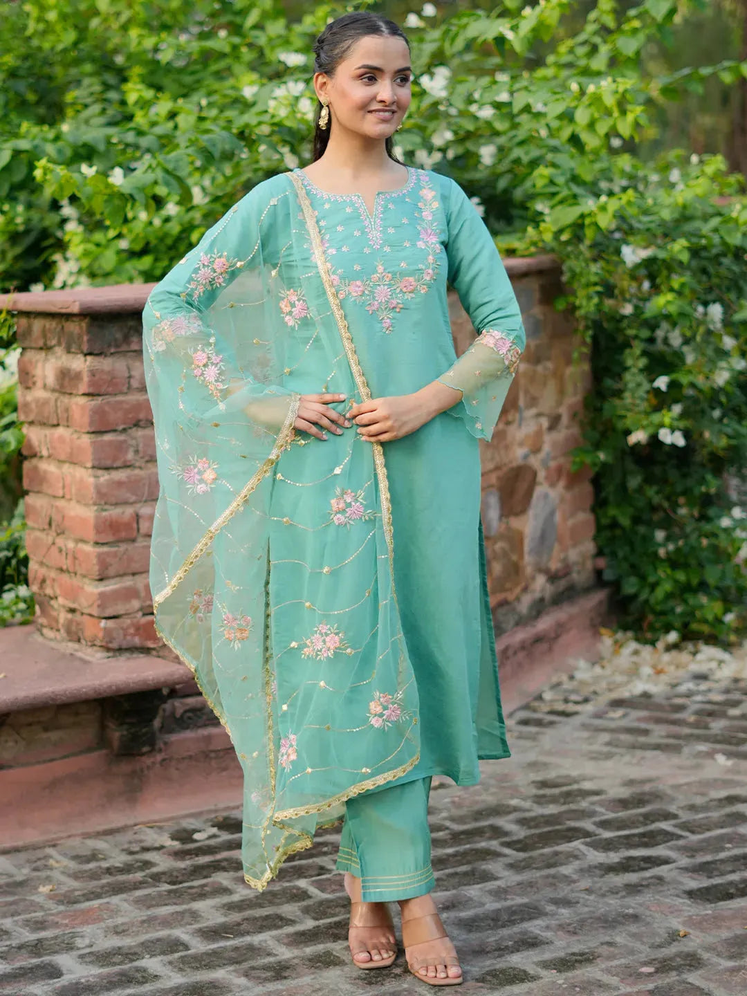Anouk Green Yoke Design Silk Blend Straight Suit With Dupatta