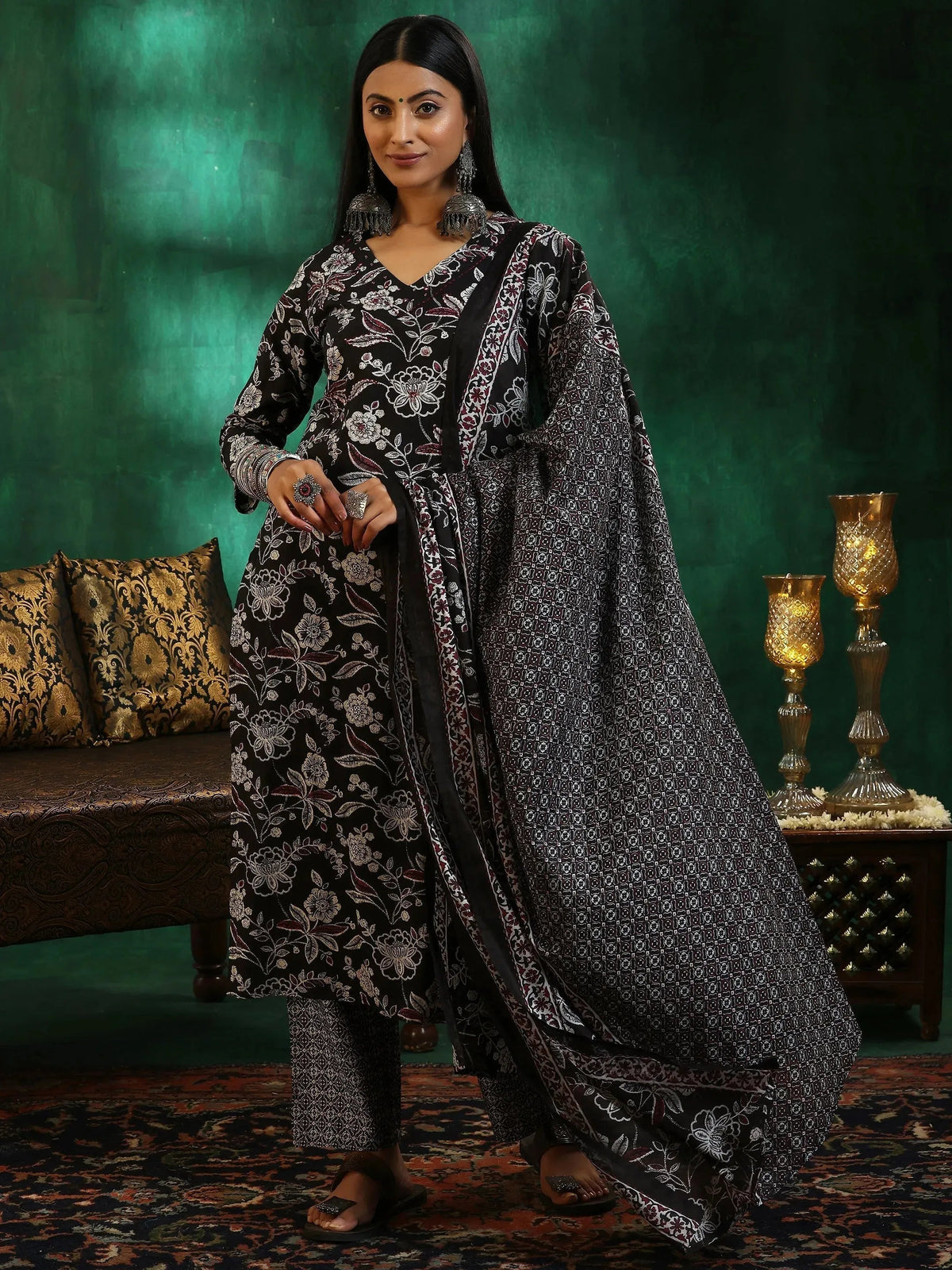 Anouk Black Printed Cotton Straight Suit With Dupatta