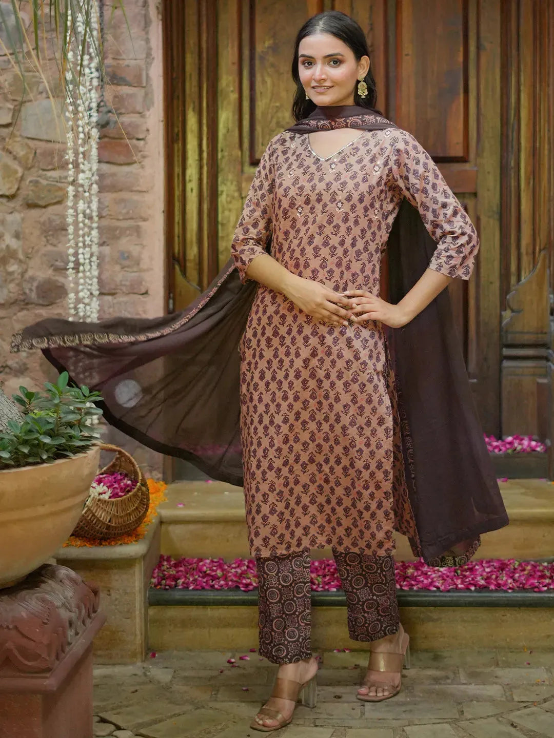 Anouk Brown Printed Cotton Straight Suit With Dupatta