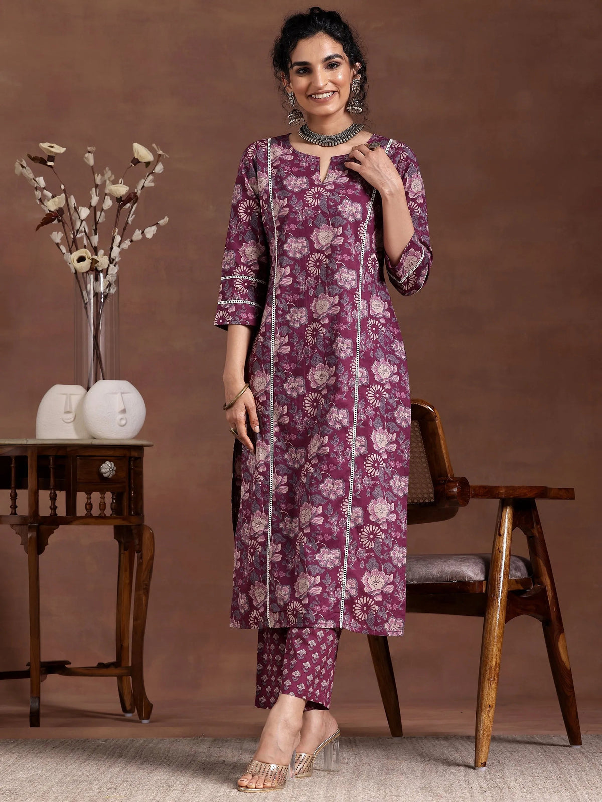 Anouk Wine Printed Cotton Straight Kurta Set