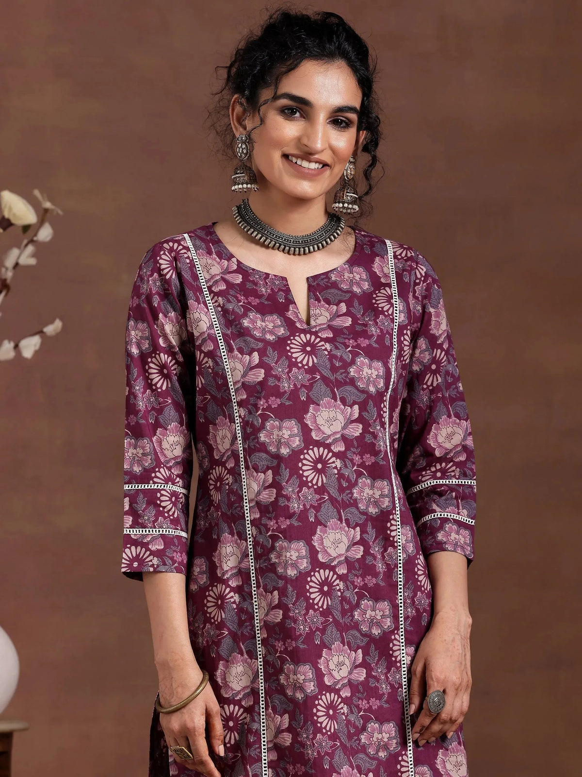 Anouk Wine Printed Cotton Straight Kurta Set