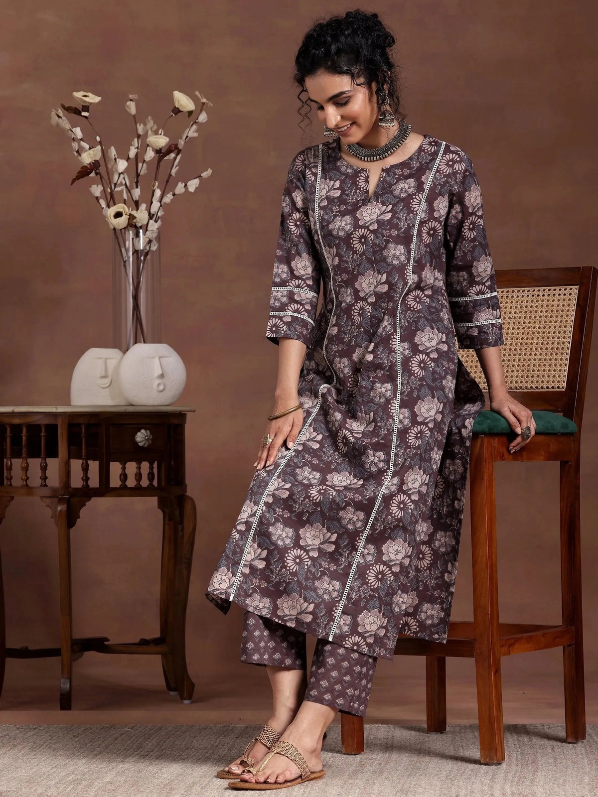 Anouk Brown Printed Cotton Straight Kurta Set