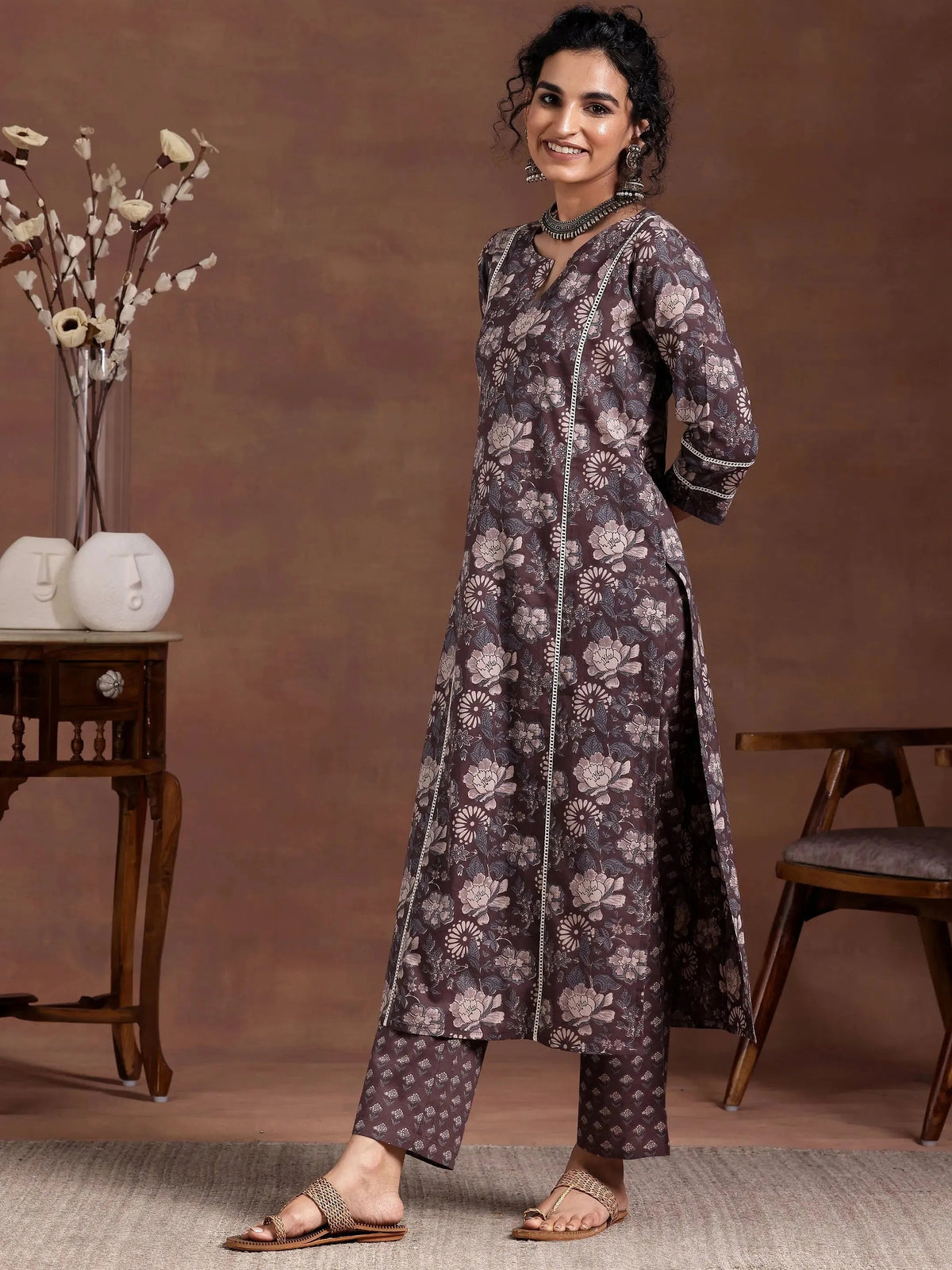 Anouk Brown Printed Cotton Straight Kurta Set