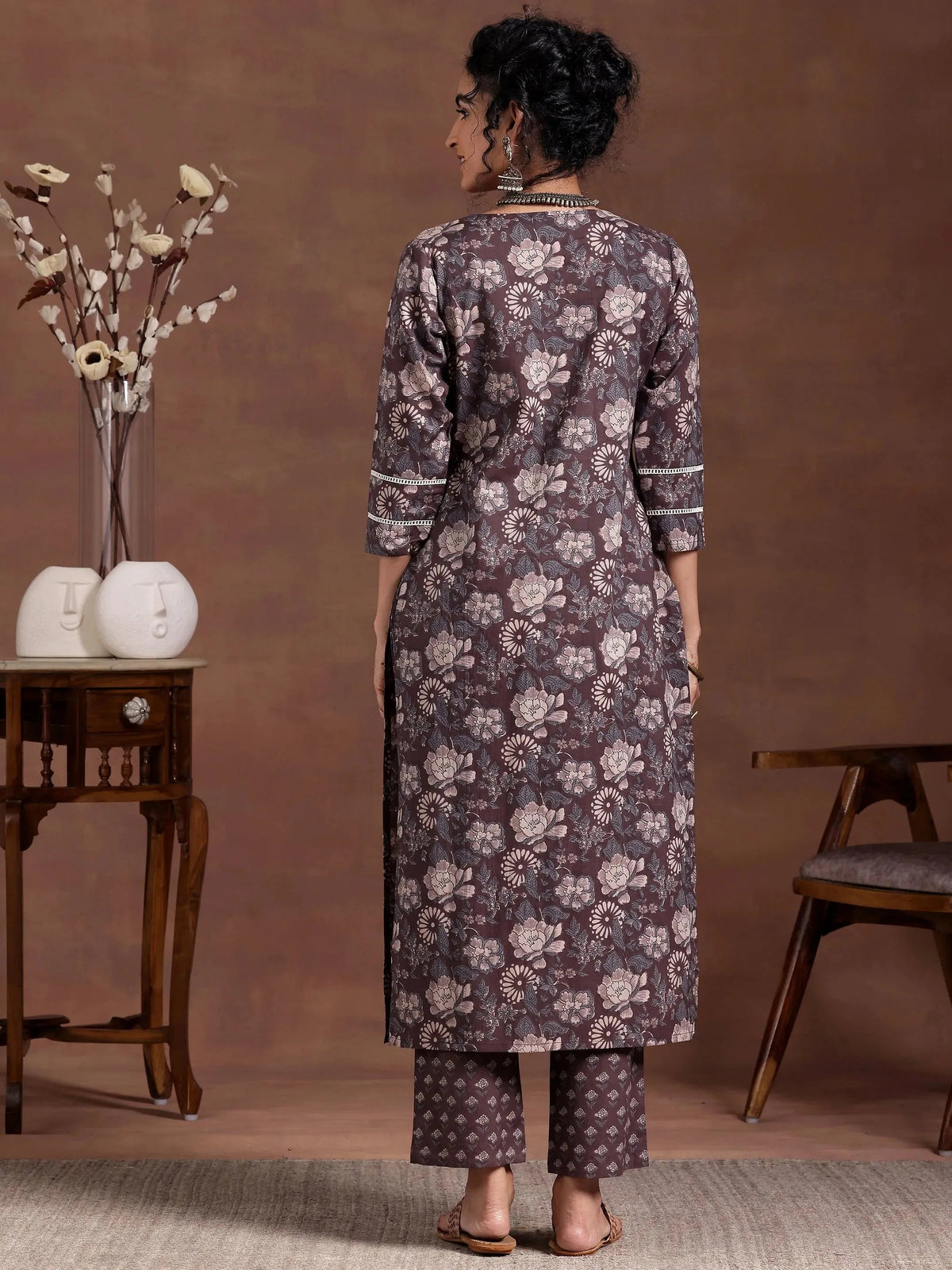 Anouk Brown Printed Cotton Straight Kurta Set