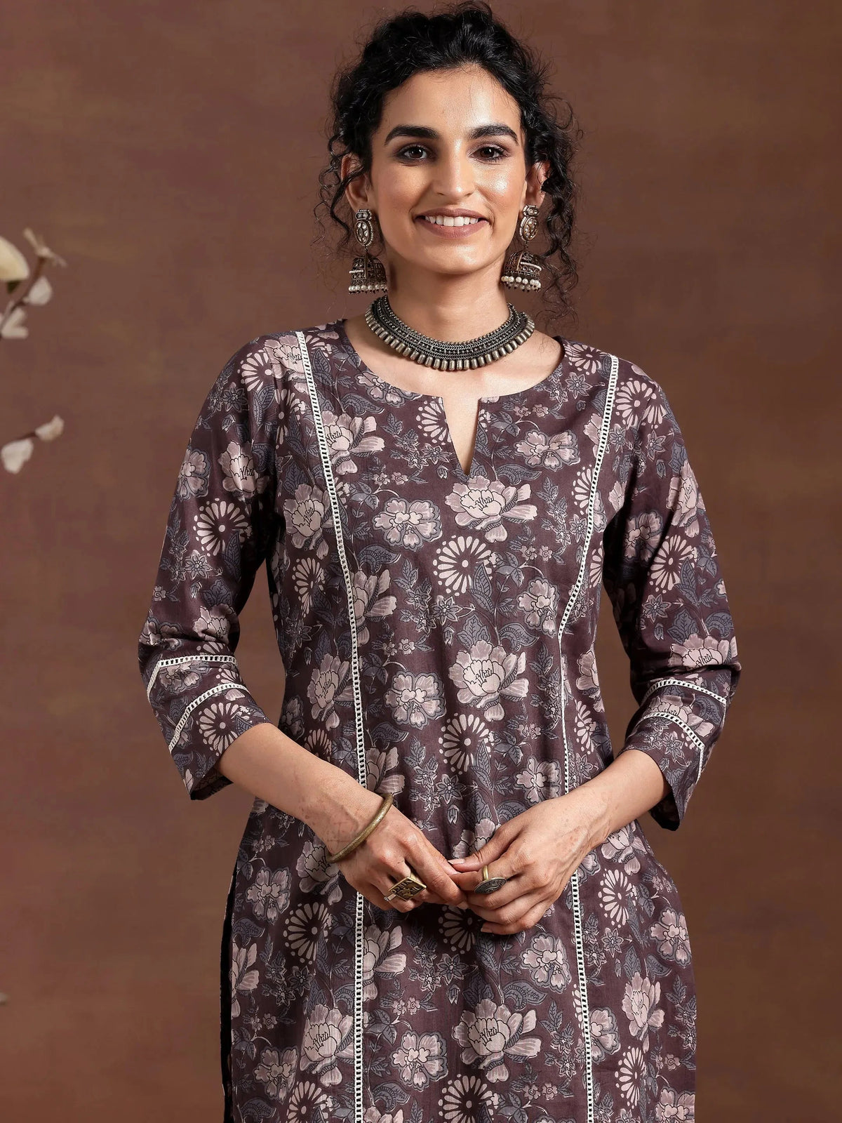 Anouk Brown Printed Cotton Straight Kurta Set