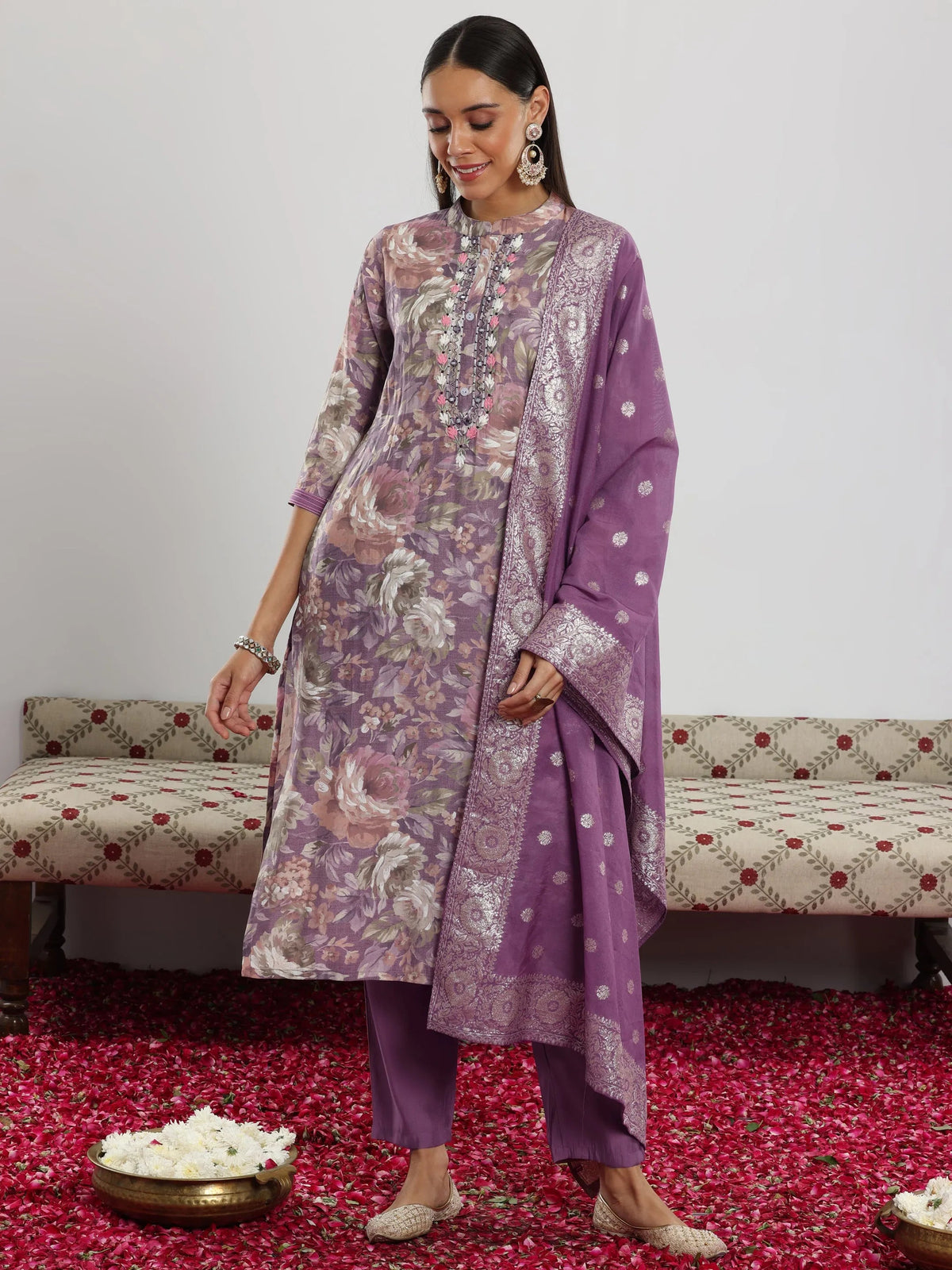 Anouk Lavender Printed Silk blend Straight Suit With Dupatta