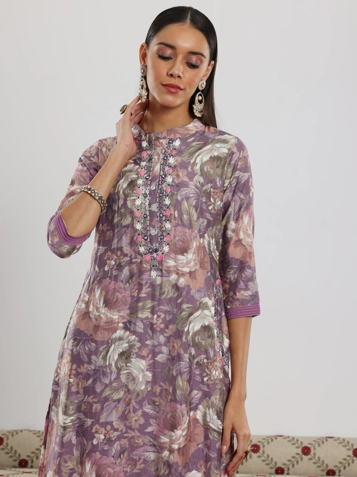 Anouk Lavender Printed Silk blend Straight Suit With Dupatta