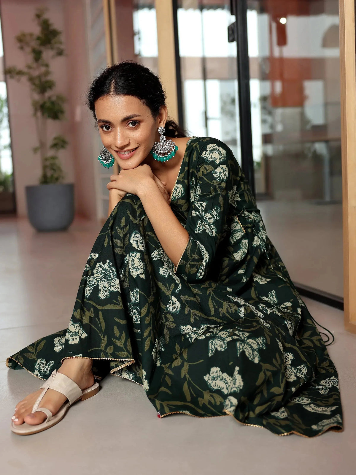 Anouk Green Printed Cotton Anarkali Kurta Set