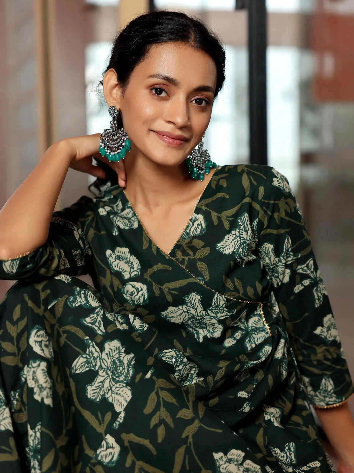 Anouk Green Printed Cotton Anarkali Kurta Set