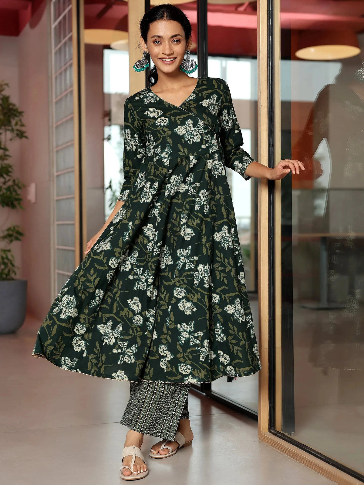 Anouk Green Printed Cotton Anarkali Kurta Set