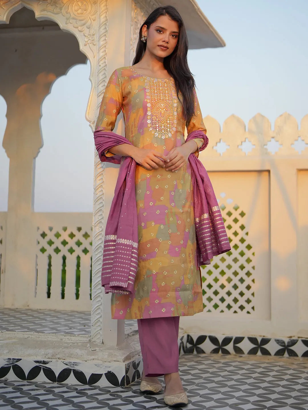 Anouk Multicoloured Printed Silk Blend Straight Suit With Dupatta