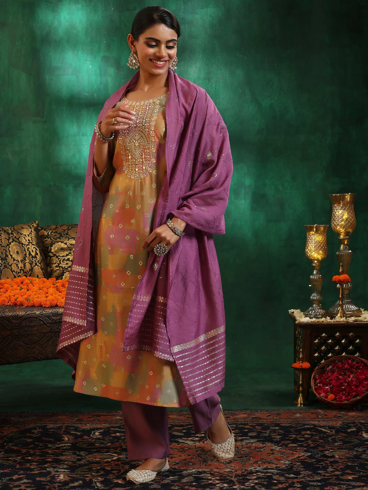 Anouk Multicoloured Printed Silk Blend Straight Suit With Dupatta