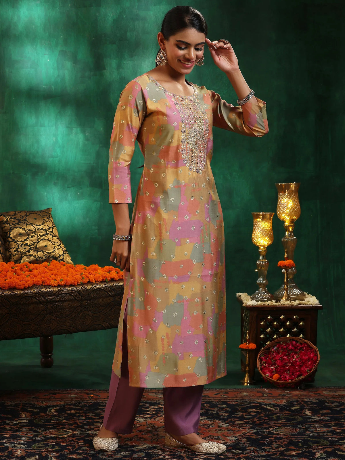 Anouk Multicoloured Printed Silk Blend Straight Suit With Dupatta