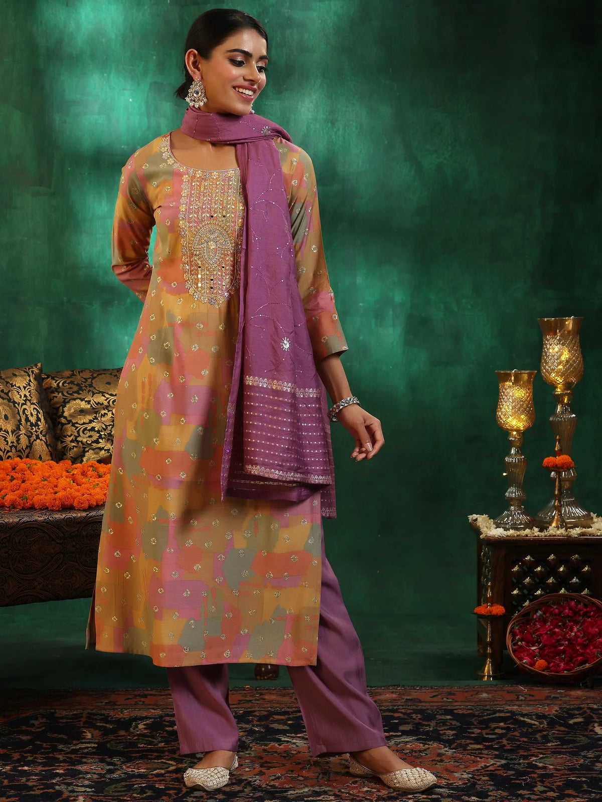 Anouk Multicoloured Printed Silk Blend Straight Suit With Dupatta
