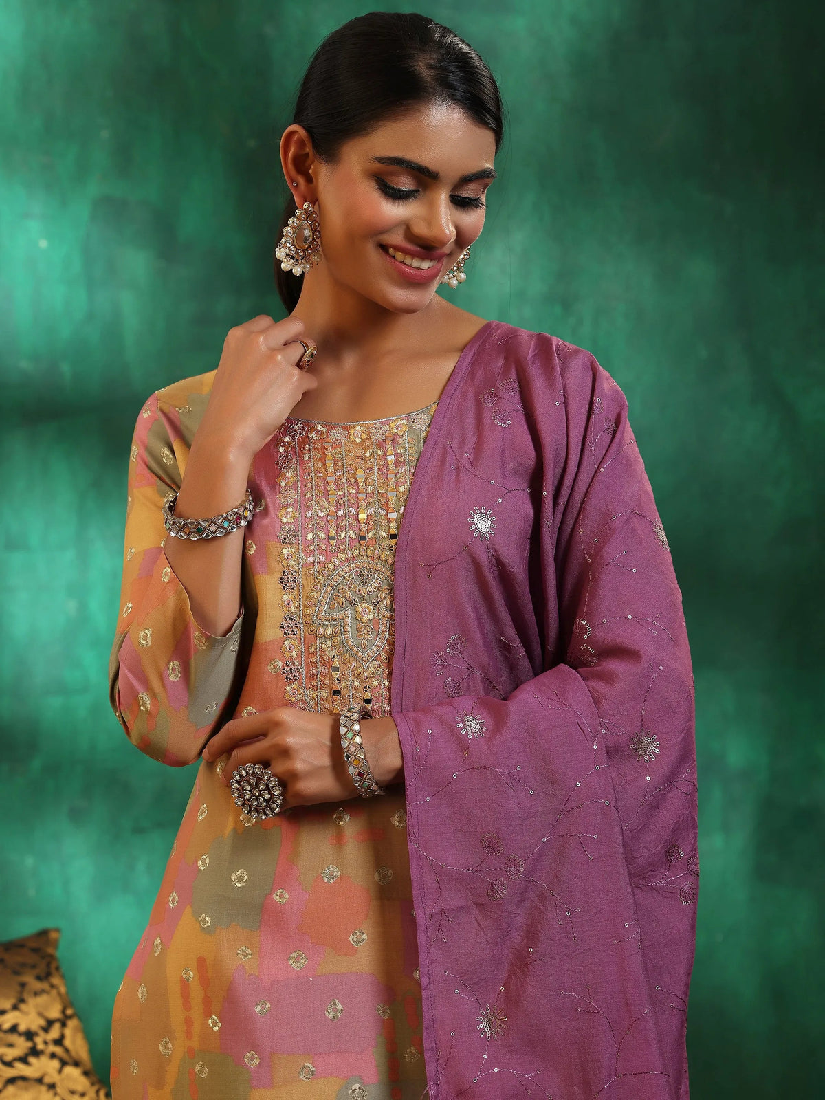 Anouk Multicoloured Printed Silk Blend Straight Suit With Dupatta